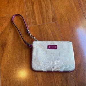 Coach Signature C Beige And Pink Small Wristlet Beige Purse Clutch 6”x4”.